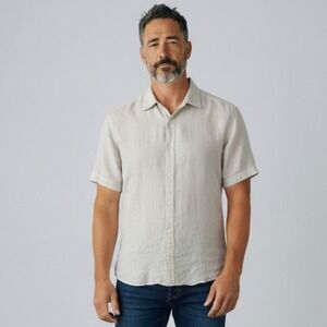 Theory Linen Shirt Men's Large White Short Sleeve Button Up Lightweight Casual